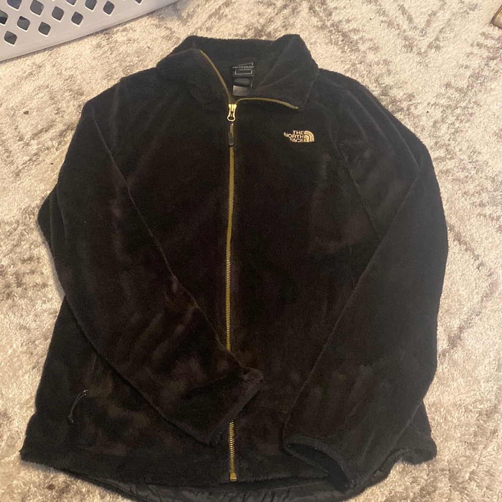 Black and Gold North face fuzzy jacket